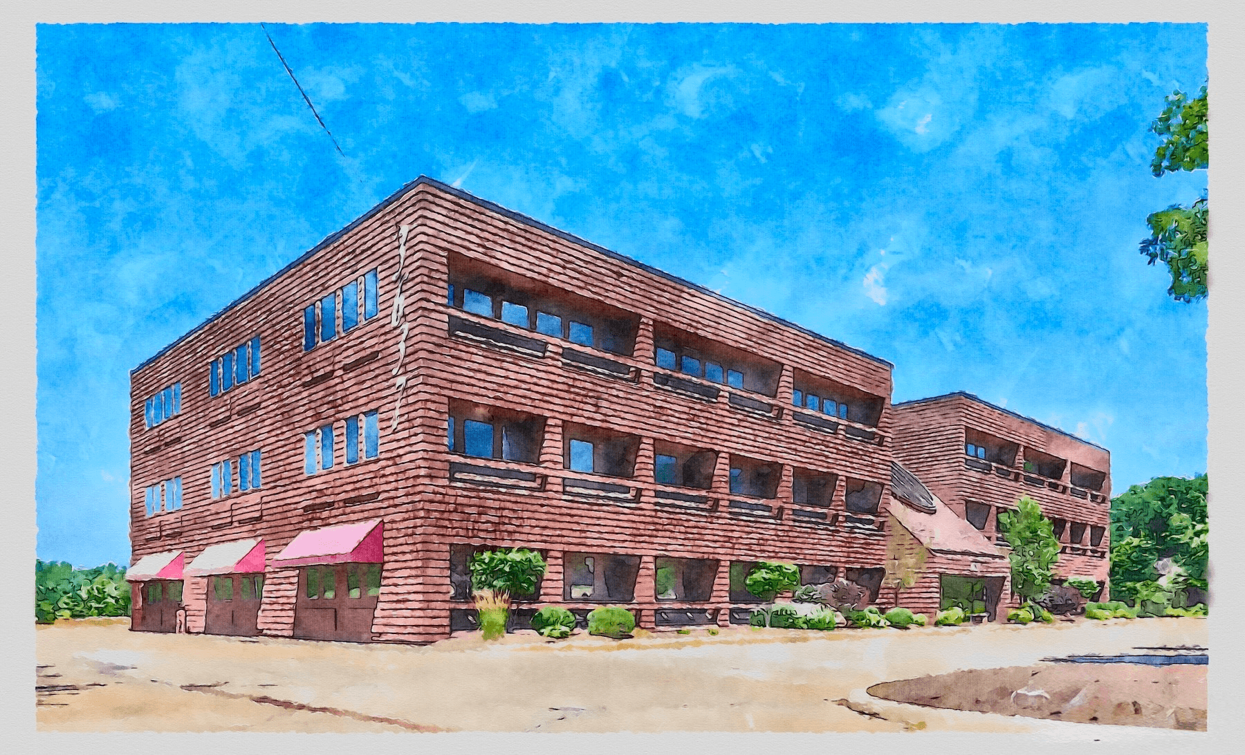 Watercolor illustration of the Medina, Ohio satellite office building